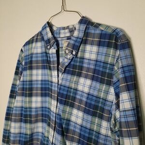 L.L. BEAN Shirt Women's Large Blue Plaid Button Down Organic Cotton